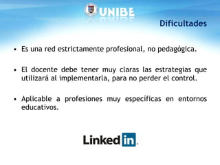 Dificultades Es una red estrictamente profesional, no pedagógica.  El docente debe tener muy claras las estrategias que utilizará al implementarla, para no perder el control. Aplicable a profesiones muy específicas en entornos educativos.  