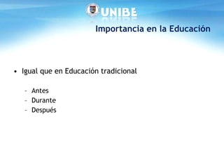 Importancia en la Educación Igual que en Educación tradicional Antes Durante Después 
