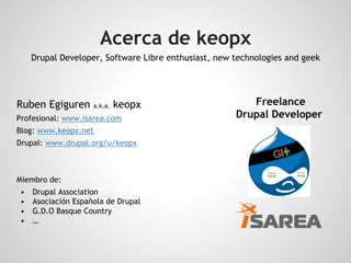 Acerca de keopx
Drupal Developer, Software Libre enthusiast, new technologies and geek
Ruben Egiguren a.k.a. keopx
Profesi...