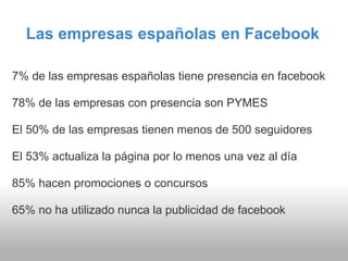 Las empresas españolas en Facebook

7% de las empresas españolas tiene presencia en facebook

78% de las empresas con presencia son PYMES

El 50% de las empresas tienen menos de 500 seguidores

El 53% actualiza la página por lo menos una vez al día

85% hacen promociones o concursos

65% no ha utilizado nunca la publicidad de facebook
 