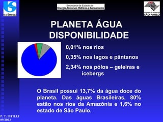 PLANETA ÁGUA  DISPONIBILIDADE 0,01% nos rios 0,35% nos lagos e pântanos 2,34% nos pólos – geleiras e    icebergs O Brasil possui 13,7% da água doce do planeta. Das águas Brasileiras, 80% estão nos rios da Amazônia e 1,6% no estado de São Paulo . 