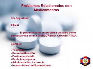 PRM 6
El paciente sufre un problema de salud como
consecuencia de una INSEGURIDAD CUANTITATIVA.
Ejemplo:
- Toxicidad.
- Sobredosificación.
- Dosis equivocada.
- Pauta inapropiada.
- Administración incorrecta.
- Interacciones medicamentosas.
Problemas Relacionados con
Medicamentos
Por Seguridad
 