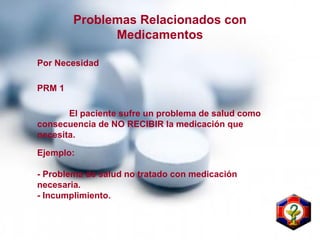 PRM 1
El paciente sufre un problema de salud como
consecuencia de NO RECIBIR la medicación que
necesita.
Ejemplo:
- Problema de salud no tratado con medicación
necesaria.
- Incumplimiento.
Problemas Relacionados con
Medicamentos
Por Necesidad
 
