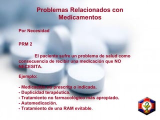 PRM 2
El paciente sufre un problema de salud como
consecuencia de recibir una medicación que NO
NECESITA.
Ejemplo:
- Medicación no prescrita o indicada.
- Duplicidad terapéutica.
- Tratamiento no farmacológico más apropiado.
- Automedicación.
- Tratamiento de una RAM evitable.
Problemas Relacionados con
Medicamentos
Por Necesidad
 