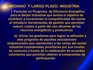 MEDIANO  Y LARGO PLAZO: INDUSTRIA a )  Formular un Programa  de Eficiencia Energética para el Sector Industrial que tendrá...
