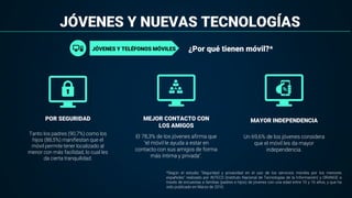 JÓVENES Y NUEVAS TECNOLOGÍAS
JÓVENES Y TELÉFONOS MÓVILES ¿Por qué tienen móvil?*
Tanto los padres (90,7%) como los
hijos (88,5%) manifiestan que el
móvil permite tener localizado al
menor con más facilidad, lo cual les
da cierta tranquilidad.
POR SEGURIDAD MAYOR INDEPENDENCIA
MEJOR CONTACTO CON
LOS AMIGOS
El 78,3% de los jóvenes afirma que
"el móvil le ayuda a estar en
contacto con sus amigos de forma
más íntima y privada".
Un 69,6% de los jóvenes considera
que el móvil les da mayor
independencia.
*Según el estudio "Seguridad y privacidad en el uso de los servicios móviles por los menores
españoles" realizado por INTECO (Instituto Nacional de Tecnologías de la Información) y ORANGE a
través de encuestas a familias (padres e hijos) de jóvenes con una edad entre 10 y 16 años, y que ha
sido publicado en Marzo de 2010.
 