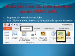 Pasos para crear una línea de tiempo
         usando SMART ART:
1. Ingresar a Microsoft Power Point
2. Dar Clic en el menú Insertar y seleccionar la opción SmartArt
 