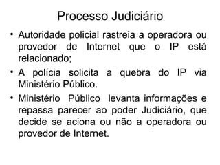 Processo Judiciário Autoridade policial rastreia a operadora ou provedor de Internet que o IP está relacionado; A polícia solicita a quebra do IP via Ministério Público. Ministério  Público  levanta informações e repassa parecer ao poder Judiciário, que decide se aciona ou não a operadora ou provedor de Internet.  