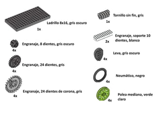 Tornillo sin fin, gris
                    Ladrillo 8x16, gris oscuro    1x
              1x
                                                            Engranaje, soporte 10
                                                  2x        dientes, blanco
     Engranaje, 8 dientes, gris oscuro
4x
                                                           Leva, gris oscuro
                                                 4x
     Engranaje, 24 dientes, gris
4x
                                                            Neumático, negro
                                                  4x

     Engranaje, 24 dientes de corona, gris
4x                                                            Polea mediana, verde
                                                      4x      claro
 