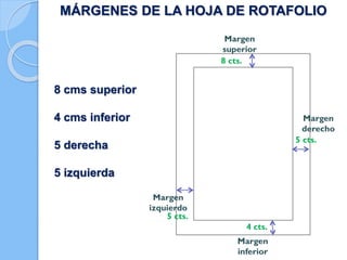 MÁRGENES DE LA HOJA DE ROTAFOLIO
Margen
superior
8 cts.

8 cms superior

Largo: 96 cts.

4 cms inferior

Margen
derecho
5 cts.

5 derecha
5 izquierda
Margen
izquierdo
5 cts.
4 cts.

Margen
inferior

 