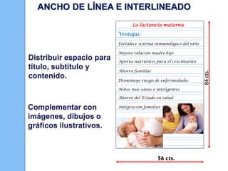 ANCHO DE LÍNEA E INTERLINEADO
La lactancia materna
Ventajas:
Fortalece sistema inmunológico del niño

Aporta nutrientes para el crecimiento
Ahorro familiar
Disminuye riesgo de enfermedades
Niños más sanos e inteligentes
Ahorro del Estado en salud

Complementar con
imágenes, dibujos o
gráficos ilustrativos.

Integración familiar

56 cts.

84 cts.

Distribuir espacio para
título, subtítulo y
contenido.

Mejora relación madre-hijo

 