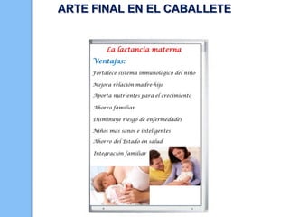 ARTE FINAL EN EL CABALLETE

La lactancia materna
Ventajas:
Fortalece sistema inmunológico del niño
Mejora relación madre-hijo
Aporta nutrientes para el crecimiento
Ahorro familiar
Disminuye riesgo de enfermedades

Niños más sanos e inteligentes
Ahorro del Estado en salud
Integración familiar

 