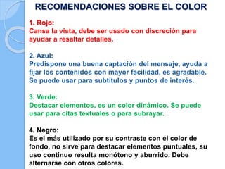 RECOMENDACIONES SOBRE EL COLOR
1. Rojo:
Cansa la vista, debe ser usado con discreción para
ayudar a resaltar detalles.
2. Azul:
Predispone una buena captación del mensaje, ayuda a
fijar los contenidos con mayor facilidad, es agradable.
Se puede usar para subtítulos y puntos de interés.
3. Verde:
Destacar elementos, es un color dinámico. Se puede
usar para citas textuales o para subrayar.
4. Negro:
Es el más utilizado por su contraste con el color de
fondo, no sirve para destacar elementos puntuales, su
uso continuo resulta monótono y aburrido. Debe
alternarse con otros colores.

 