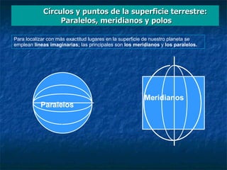 Círculos y puntos de la superficie terrestre:  Paralelos, meridianos y polos Meridianos Para localizar con más exactitud lugares en la superficie de nuestro planeta se emplean  líneas imaginarias;  las principales son  los meridianos  y  los paralelos. Paralelos 