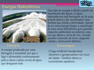 Energia Hidrelétrica

Vantagens

A energia produzida por uma
barragem é renovável, por que o
lago é alimentado continuamente
pela a chuva e pelos cursos de água
que desaguam nele.

Esse tipo de energia é obtido a partir do
movimento das águas. A água
represada em uma barragem cai de uma
grande altura e faz movimentar uma
turbina que produz eletricidade. Apesar
de ser uma energia limpa, a construção
de uma usina hidrelétrica gera grandes
impactos ambientais no entorno, uma
vez que altera o curso de rios inunda
grandes extensões de terra, alagando
cidades e destruindo hábitats.
Desvantagens
O lago artificial inunda áreas
silvestres e agropecuários e ás vezes
até idades. Também altera os
ecossistemas aquáticos.

 