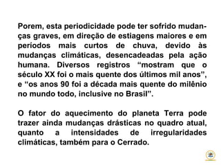 Porem, esta periodicidade pode ter sofrido mudan-
ças graves, em direção de estiagens maiores e em
períodos mais curtos de chuva, devido às
mudanças climáticas, desencadeadas pela ação
humana. Diversos registros “mostram que o
século XX foi o mais quente dos últimos mil anos”,
e “os anos 90 foi a década mais quente do milênio
no mundo todo, inclusive no Brasil”.
O fator do aquecimento do planeta Terra pode
trazer ainda mudanças drásticas no quadro atual,
quanto a intensidades de irregularidades
climáticas, também para o Cerrado.
 