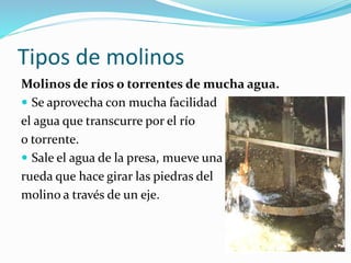Tipos de molinos
Molinos de ríos o torrentes de mucha agua.
 Se aprovecha con mucha facilidad
el agua que transcurre por el río
o torrente.
 Sale el agua de la presa, mueve una
rueda que hace girar las piedras del
molino a través de un eje.
 