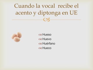 Cuando la vocal recibe el
acento y diptonga en UE



 Hueso
 Huevo
 Huérfano
 Hueco

 