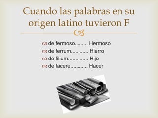 Cuando las palabras en su
origen latino tuvieron F



 de fermoso......... Hermoso
 de ferrum............ Hierro
 de filium.............. Hijo
 de facere............ Hacer

 