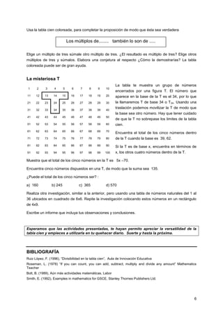 Usa la tabla cien coloreada, para completar la proposición de modo que ésta sea verdadera

Los múltiplos de........ también lo son de .....
Elige un múltiplo de tres súmale otro múltiplo de tres. ¿El resultado es múltiplo de tres? Elige otros
múltiplos de tres y súmalos. Elabora una conjetura al respecto ¿Cómo la demostrarías? La tabla
coloreada puede ser de gran ayuda.

La misteriosa T
La tabla te muestra un grupo de números
1

2

3

4

5

6

7

8

9

10

11

12

13

14

15

16

17

18

19

20

aparece en la base de la T es el 34, por lo que

21

22

23

24

25

26

27

28

29

30

la llamaremos T de base 34 o T 34. Usando una

31

32

33

34

35

36

37

38

39

40

41

42

43

44

45

46

47

48

49

50

51

52

53

54

55

56

57

58

59

60

cien.

61

62

63

64

65

66

67

68

69

70

Encuentra el total de los cinco números dentro

71

72

73

74

75

76

77

78

79

80

de la T cuando la base es 39, 62.

81

82

83

84

85

86

87

88

89

90

Si la T es de base x, encuentra en términos de

91

92

93

94

95

96

97

98

99

100

x, los otros cuatro números dentro de la T.

encerrados por una figura T. El número que

traslación podemos movilizar la T de modo que
la base sea otro número. Hay que tener cuidado
de que la T no sobrepase los limites de la tabla

Muestra que el total de los cinco números en la T es 5x –70.
Encuentra cinco números dispuestos en una T, de modo que la suma sea 135.
¿Puede el total de los cinco números ser? :
a) 160

b) 245

c) 365

d) 570

Realiza otra investigación, similar a la anterior, pero usando una tabla de números naturales del 1 al
36 ubicados en cuadrado de 6x6. Repite la investigación colocando estos números en un rectángulo
de 4x9.
Escribe un informe que incluya tus observaciones y conclusiones.

Esperamos que las actividades presentadas, te hayan permito apreciar la versatilidad de la
tabla cien y empieces a utilizarla en tu quehacer diario. Suerte y hasta la próxima.

BIBLIOGRAFÍA
Ruiz López, F. (1996), “Divisibilidad en la tabla cien”, Aula de Innovación Educativa
Roseman, L. (1978) “If you can count, you can add, subtract, multiply and divide any amount” Mathematics
Teacher
Bolt, B. (1989), Aún más actividades matemáticas, Labor
Smith, E. (1992), Examples in mathematics for GSCE, Stanley Thornes Publishers Ltd.

6

 