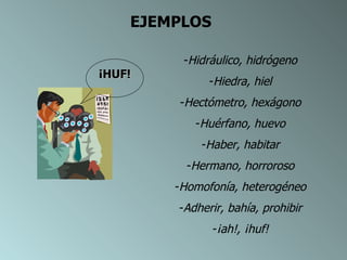 EJEMPLOS Hidráulico, hidrógeno Hiedra, hiel Hectómetro, hexágono Huérfano, huevo Haber, habitar Hermano, horroroso Homofonía, heterogéneo Adherir, bahía, prohibir ¡ah!, ¡huf! ¡HUF! 