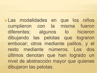 Las modalidades en que los niños 
cumplieron con la misma fueron 
diferentes; algunos lo hicieron 
dibujando las pelotas que lograron 
embocar; otros mediante palitos, y el 
resto mediante números. Los dos 
últimos denotan que han logrado un 
nivel de abstracción mayor que quienes 
dibujaron las pelotas. 

