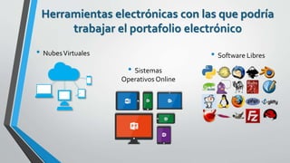Herramientas electrónicas con las que podría
trabajar el portafolio electrónico
• NubesVirtuales
• Sistemas
Operativos Online
• Software Libres
 
