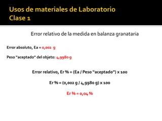 Error relativo de la medida en balanza granataria
Error absoluto, Ea = 0,002 g
Peso “aceptado” del objeto: 4,9980 g
Error relativo, Er % = (Ea / Peso “aceptado”) x 100
Er % = (0,002 g / 4,9980 g) x 100
Er % = 0,04 %
 