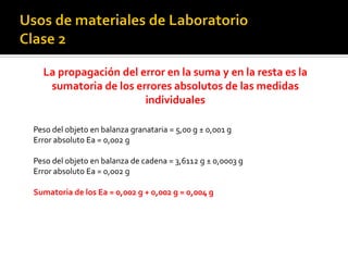 La propagación del error en la suma y en la resta es la
sumatoria de los errores absolutos de las medidas
individuales
Peso del objeto en balanza granataria = 5,00 g ± 0,001 g
Error absoluto Ea = 0,002 g
Peso del objeto en balanza de cadena = 3,6112 g ± 0,0003 g
Error absoluto Ea = 0,002 g
Sumatoria de los Ea = 0,002 g + 0,002 g = 0,004 g
 