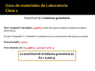 Exactitud de la balanza granataria
Peso “aceptado” del objeto: 4,9980 g (valor de la pesa medida en balanza analítica
electrónica)
El valor “aceptado” o “verdadero” se obtiene con un instrumento más preciso y exacto.
Peso promedio: 5,00 g
Error absoluto, Ea = | 4,9980 g – 5,00 g | = 0,002 g
La exactitud de la balanza granataria es
Ea = 0,002 g
 