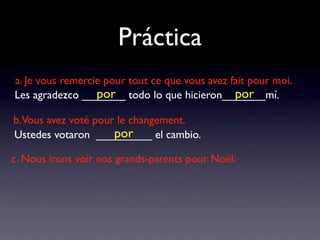 Práctica
a. Je vous remercie pour tout ce que vous avez fait pour moi.
                  por                           por
Les agradezco _______ todo lo que hicieron_______mí.

b.Vous avez voté pour le changement.
                     por
Ustedes votaron _________ el cambio.

c. Nous irons voir nos grands-parents pour Noël.
 