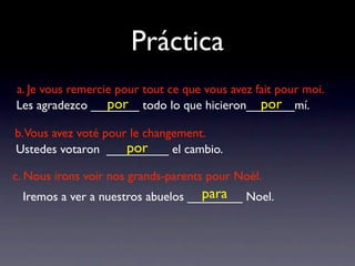 Práctica
a. Je vous remercie pour tout ce que vous avez fait pour moi.
                  por                           por
Les agradezco _______ todo lo que hicieron_______mí.

b.Vous avez voté pour le changement.
                     por
Ustedes votaron _________ el cambio.

c. Nous irons voir nos grands-parents pour Noël.
                                   para
 Iremos a ver a nuestros abuelos ________ Noel.
 