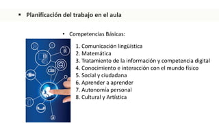  Planificación del trabajo en el aula
1. Comunicación lingüística
2. Matemática
3. Tratamiento de la información y competencia digital
4. Conocimiento e interacción con el mundo físico
5. Social y ciudadana
6. Aprender a aprender
7. Autonomía personal
8. Cultural y Artística
• Competencias Básicas:
 