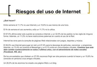 Riesgos del uso de Internet ¿Qué hacen? Entre semana el 11,7% no usa Internet y un 15,6% lo usa menos de una hora. El fin de semana el uso aumenta y sólo un 11,7% no lo utiliza. El 67,5% afirma estar solo cuando se conecta a Internet, y un 32,5% de los padres no les vigila de ninguna forma. Además, un 11,0% no tiene restricciones paternas en cuanto al uso de la Red.  Internet les sirve para la consulta de páginas Web relacionadas con juegos, deportes y música. El 69,5% usa Internet para jugar en red y el 47,4% para la descarga de películas, canciones  y programas.  Además, un 73,4% se conecta al Messenger y un 9,1% entra en comunidades virtuales.  Creemos que este dato cambio sustancialmente en estos 2 últimos años, con el advenimiento de redes sociales (Facebook, HI5, etc.) De los encuestados que chatean un 27,9% reconoce fingir ser otra persona cuando lo hacen y un 15,6% ha conocido en persona a sus amigos virtuales. Un 26,0% de los alumnos ha creado una página Web o un blog. 