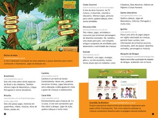 26 27
Clube Cocoricó
www3.tvcultura.com.br/cocorico/jogos
O site da série Cocoricó, da TV
Cultura, é divertido, colorido e
educativo. Oferece jogos, pinturas
para colorir, quebra-cabeças, entre
outras atividades.
Discovery Kids
discoverykidsbrasil.uol.com.br/
Tem vídeos, jogos, atividades e
concursos que envolvem personagens
de desenhos animados. Há, também,
uma seção para pais, com enquete,
artigos e propostas de atividades para
desenvolver a motricidade das crianças.
Duende
www.duende.com.br
Site infantil, com jogos, ecologia,
gibis e, no link escolinha, muitos
temas atuais para se trabalhar, como
Cidadania, Boas Maneiras, Hábitos de
Higiene e Corpo Humano.
Games educativos
www.gameseducativos.com
Quebra-cabeças, jogos de
Matemática, Ciências, Português e
muito mais.
Iguinho
www.iguinho.com.br
Possui uma série de jogos (alguns
em inglês) destinados às crianças,
permite fazer cartões, tem
informações de primeiros-socorros,
animações, além de possuir desenhos
animados, personagens e músicas.
Mosquito da Dengue
www.sitedegames.com/educativos/dengue.htm
Mostracomoevitaraprocriaçãodomosquito
da dengue, acabando com os focos.
Guardião da Biosfera www.guardioesdabiosfera.com.br
Projeto educacional desenvolvido pela empresa responsável pelo
papel sulfite Chamequinho. Tem como objetivo estimular as
crianças a produzirem desenhos sobre as paisagens naturais brasileiras.
Brasilzinho
www.brasilzinho.com.br
Este site trata sobre vários aspectos
do Brasil e da cidadania. Também
oferece jogos de Matemática, Língua
Portuguesa e outras disciplinas.
Brturbo
www.brturbo.com.br/kids/brkids/jogos/
brkids_jogos.html
Este site possui jogos, histórias em
quadrinhos, vídeos, músicas, dicas de
filmes, piadas etc.
Cambito
www.cambito.com.br
Cambito é um herói da favela
Cambitolândia. Neste site, podemos
encontrar tirinhas, jogos educativos,
arte e educação. A ideia agrada em cheio
o gosto de crianças e adolescentes.
Canal Kids
www.canalkids.com.br
Entretenimento para crianças de 3 a
12 anos. O site tem jornalzinho que
fala sobre a dengue, jogos de ação,
quebra-cabeças e muito mais!
Bichos da Mata
www.bichosdamata.com.br
O site é dedicado à proteção do meio ambiente e possui desenhos para colorir
(utilizando a impressora), jogos de dedução etc.
 