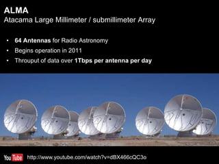 • 64 Antennas for Radio Astronomy
• Begins operation in 2011
• Throuput of data over 1Tbps per antenna per day
ALMA
Atacama Large Millimeter / submillimeter Array
http://www.youtube.com/watch?v=dBX466cQC3o
 