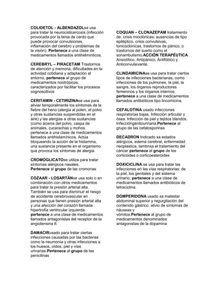 COLIDETOL - ALBENDAZOLse usa
para tratar la neurocisticercosis (infección   COQUAN – CLONAZEPAM tratamiento
provocada por la tenia de cerdo que            de: crisis mioclónicas; ausencias de tipo
puede provocar convulsiones,                   epiléptico, crisis convulsivas,
inflamación del cerebro y problemas de         tonicoclónicas, trastornos de pánico, o
la visión). Pertenece a una clase de           trastornos del sueño como el
medicamentos llamados antihelmínticos.         sonambulismo.ACCIÓN TERAPÉUTICA
                                               Ansiolítico, Antipánico, Antifóbico y
CEREBRYL – PIRACETAM Trastornos                Anticonvulsivante.
de atención y memoria, dificultades en la
actividad cotidiana y adaptación al            CLINDAMICINAse usa para tratar ciertos
entorno, pertenece al grupo de                 tipos de infecciones bacterianas, como
medicamentos nootrópicos,                      infecciones de los pulmones, la piel, la
caracterizados por facilitar los procesos      sangre, los órganos reproductores
cognoscitivos                                  femeninos y los órganos internos.
                                               pertenece a una clase de medicamentos
CERITAMIN - CETIRIZINAse usa para              llamados antibióticos tipo lincomicina.
aliviar temporalmente los síntomas de la
fiebre del heno (alergia al polen, el polvo    CEFALOTINA usado infecciones
y otras sustancias suspendidas en el           respiratorias bajas. Infección articular y
aire) y las alergias a otras sustancias        ósea. Infección de piel y tejidos blandos.
(como ácaros del polvo, caspa de               Infeccióngénitourinaria.Pertenece al
animales, cucarachas y mohos.                  grupo de las cefalosporinas
pertenece a una clase de medicamentos
llamados antihistamínicos. Actúa               DECADRON Indicado xa estados
bloqueando la acción de la histamina,          alérgicos, edema cerebral, enfermedad
una sustancia presente en el organismo         neoplastica, tambnxa el tratamiento del
que provoca los síntomas de alergia.           cáncer pertenece al grupo de los
                                               corticoides o corticoesteroides
CROMOGLICATOse utiliza para tratar
síntomas alérgicos nasales.                    DOXICICLINA se usa para tratar las
Pertenece al grupo de las cromonas             infecciones en las vías respiratorias; de
                                               la piel, los genitales y del sistema
COZAAR - LOSARTÁNse usa solo o en              urinario; pertenece a una clase de
combinación con otros medicamentos             medicamentos llamados antibióticos de
para tratar la presión arterial alta.          tetraciclina.
También se usa para disminuir el riesgo
de accidente cerebrovascular en                DOMPERIDONA usado xa malestar
personas que tienen presión arterial alta      abdominal superior y regurgitación del
y una afección del corazón llamada             contenido gástrico. alivio de síntomas de
hipertrofia ventricular izquierda.             náuseas y
pertenece a una clase de medicamentos          vómitos.Pertenece al grupo de
llamados antagonistas del receptor de la       medicamentos denominados
angiotensina II.                               antagonistas de la dopamina

DAMACIRusado para tratar ciertas
infecciones causadas por las bacterias
como la neumonía y otras infecciones a
los huesos, oídos, piel y vías
urinarias.Pertenece al grupo de las
penicilinas
 