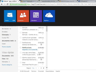 Categoría /
Nombre del Recurso
Aplicación didáctica Dirección electrónica Calificación
Almacenamiento
/Skydrive
Podría tener mis archivos en la red, si
falla mi memoria o mi pc, tendría
disponible la información, con tan solo
acceder a mi correo.
Otra aplicación es para los alumnos,
que tengan en la red un respaldo de
sus trabajos.
https://skydrive.live.com/ Imprescindible
 
