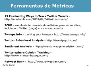 Ferramentas de Métricas

  15 Fascinating Ways to Track Twitter Trends -
  http://mashable.com/2009/04/04/twitter-trends/

  SCUP – excelente ferramenta de métricas para vários sites,
  incluindo o Twitter (paga) – www.scup.com.br

  Tweeps.info - tracking your tweeps - http://www.tweeps.info/

  Twitter Behavioral Analysis - http://tweetpsych.com/

  Sentiment Analysis - http://twendz.waggeneredstrom.com/

  Twittersphere Opinion Tracking -
  http://www.crimsonhexagon.com/

  Retweet Rank - http://www.retweetrank.com/
Martha Gabriel                                                   94
 