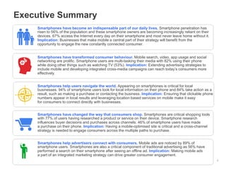 Google Confidential and Proprietary
Executive Summary
2
Smartphones have become an indispensable part of our daily lives. Smartphone penetration has
risen to 56% of the population and these smartphone owners are becoming increasingly reliant on their
devices. 67% access the Internet every day on their smartphone and most never leave home without it.
Implication: Businesses that make mobile a central part of their strategy will benefit from the
opportunity to engage the new constantly connected consumer.
Smartphones have transformed consumer behaviour. Mobile search, video, app usage and social
networking are prolific. Smartphone users are multi-tasking their media with 82% using their phone
while doing other things such as watching TV (53%). Implication: Extending advertising strategies to
include mobile and developing integrated cross-media campaigns can reach today’s consumers more
effectively.
Smartphones help users navigate the world. Appearing on smartphones is critical for local
businesses. 94% of smartphone users look for local information on their phone and 84% take action as a
result, such as making a purchase or contacting the business. Implication: Ensuring that clickable phone
numbers appear in local results and leveraging location based services on mobile make it easy
for consumers to connect directly with businesses.
Smartphones have changed the way that consumers shop. Smartphones are critical shopping tools
with 77% of users having researched a product or service on their device. Smartphone research
influences buyer decisions and purchases across channels. 46% of smartphone users have made
a purchase on their phone. Implication: Having a mobile-optimised site is critical and a cross-channel
strategy is needed to engage consumers across the multiple paths to purchase.
Smartphones help advertisers connect with consumers. Mobile ads are noticed by 89% of
smartphone users. Smartphones are also a critical component of traditional advertising as 56% have
performed a search on their smartphone after seeing an offline ad. Implication: Making mobile ads
a part of an integrated marketing strategy can drive greater consumer engagement.
 