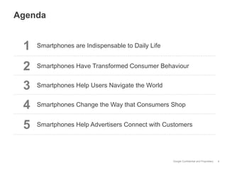 Google Confidential and Proprietary
Agenda
4
1 Smartphones are Indispensable to Daily Life
2 Smartphones Have Transformed Consumer Behaviour
3 Smartphones Help Users Navigate the World
4 Smartphones Change the Way that Consumers Shop
5 Smartphones Help Advertisers Connect with Customers
 