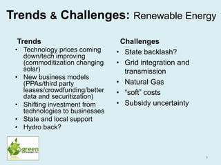 Trends & Challenges: Renewable Energy
Challenges
• State backlash?
• Grid integration and
transmission
• Natural Gas
• “so...
