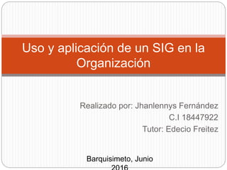 Realizado por: Jhanlennys Fernández
C.I 18447922
Tutor: Edecio Freitez
Uso y aplicación de un SIG en la
Organización
Barquisimeto, Junio
 