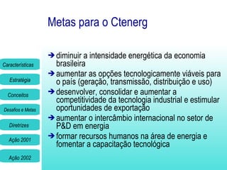 Metas para o Ctenerg diminuir a intensidade energética da economia brasileira aumentar as opções tecnologicamente viáveis para o país (geração, transmissão, distribuição e uso) desenvolver, consolidar e aumentar a competitividade da tecnologia industrial e estimular oportunidades de exportação aumentar o intercâmbio internacional no setor de P&D em energia formar recursos humanos na área de energia e fomentar a capacitação tecnológica 