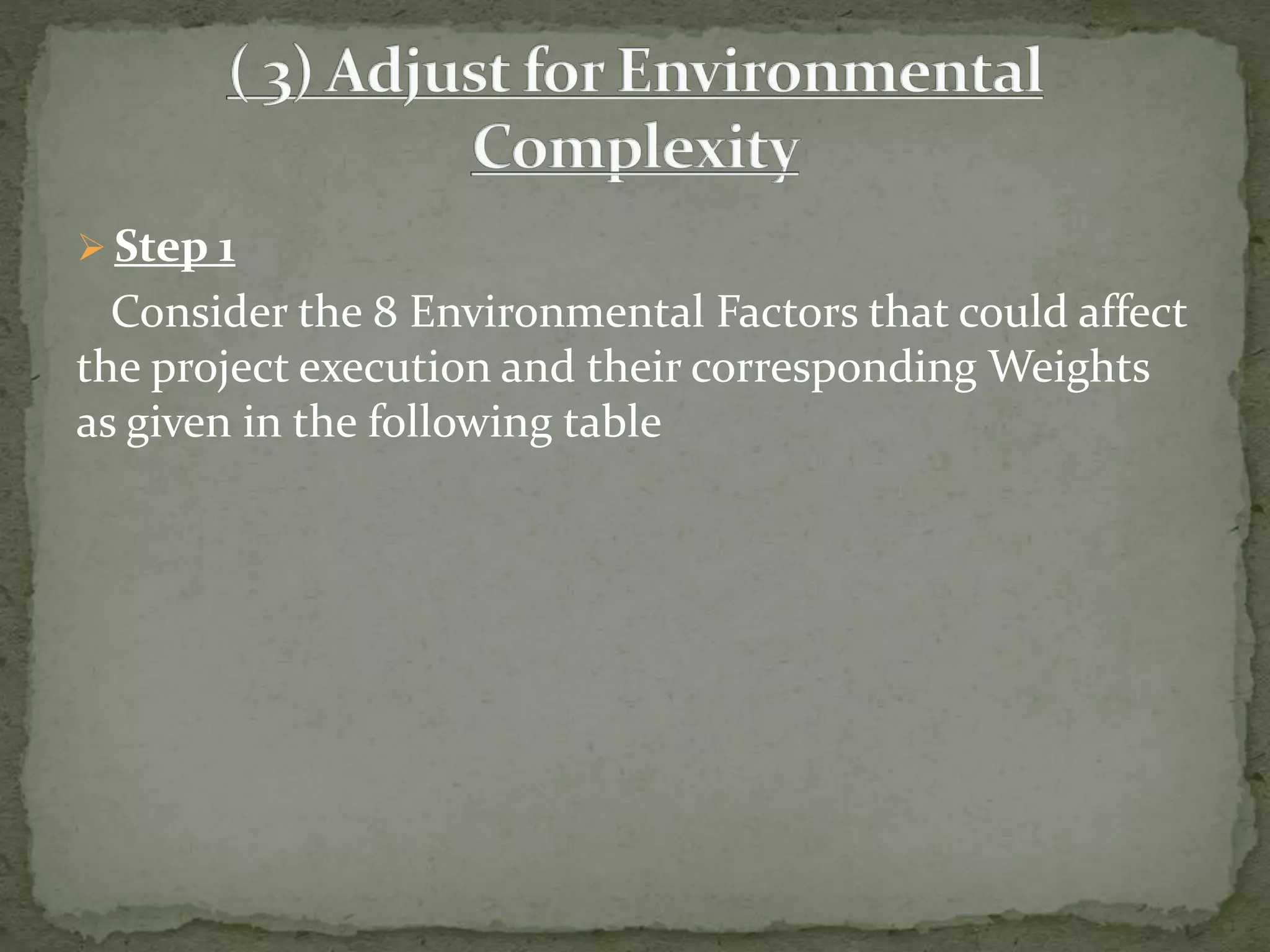  Step 1
Consider the 8 Environmental Factors that could affect
the project execution and their corresponding Weights
as given in the following table
 