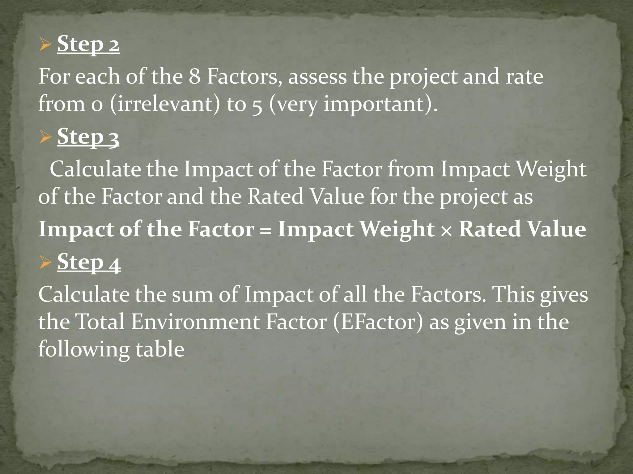  Step 2
For each of the 8 Factors, assess the project and rate
from 0 (irrelevant) to 5 (very important).
 Step 3
Calculate the Impact of the Factor from Impact Weight
of the Factor and the Rated Value for the project as
Impact of the Factor = Impact Weight × Rated Value
 Step 4
Calculate the sum of Impact of all the Factors. This gives
the Total Environment Factor (EFactor) as given in the
following table
 
