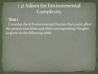  Step 1
Consider the 8 Environmental Factors that could affect
the project execution and their corresponding Weights
as given in the following table
 