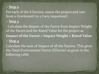  Step 2
For each of the 8 Factors, assess the project and rate
from 0 (irrelevant) to 5 (very important).
 Step 3
Calculate the Impact of the Factor from Impact Weight
of the Factor and the Rated Value for the project as
Impact of the Factor = Impact Weight × Rated Value
 Step 4
Calculate the sum of Impact of all the Factors. This gives
the Total Environment Factor (EFactor) as given in the
following table
 