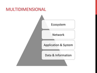 MULTIDIMENSIONAL	
Ecosystem	
Network	
Application	&	System	
Data	&	Information	
 