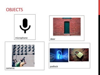 microphone	
OBJECTS	
	
	
	
	
	
	
	
	
cameras	
	
	
	
	
	
	
	
door	
	
	
	
	
	
	
	
padlock	
 